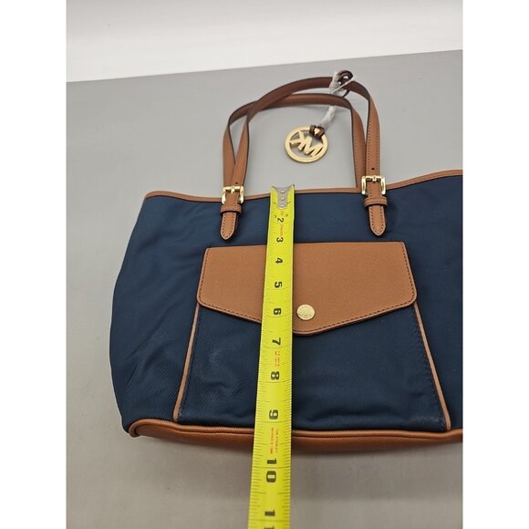 New MICHAEL KORS Jet Set Nylon Navy Blue Tote Bag Purse Leather Gold MK Logo - Picture 3 of 8
